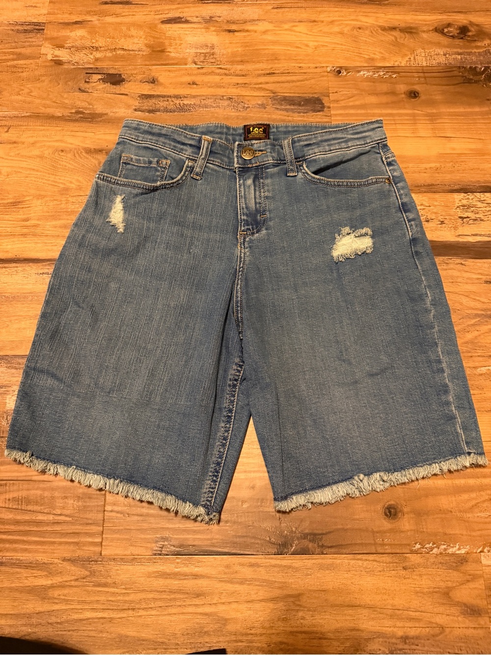 Lee Distressed Medium Blue Denim Bermuda Shorts